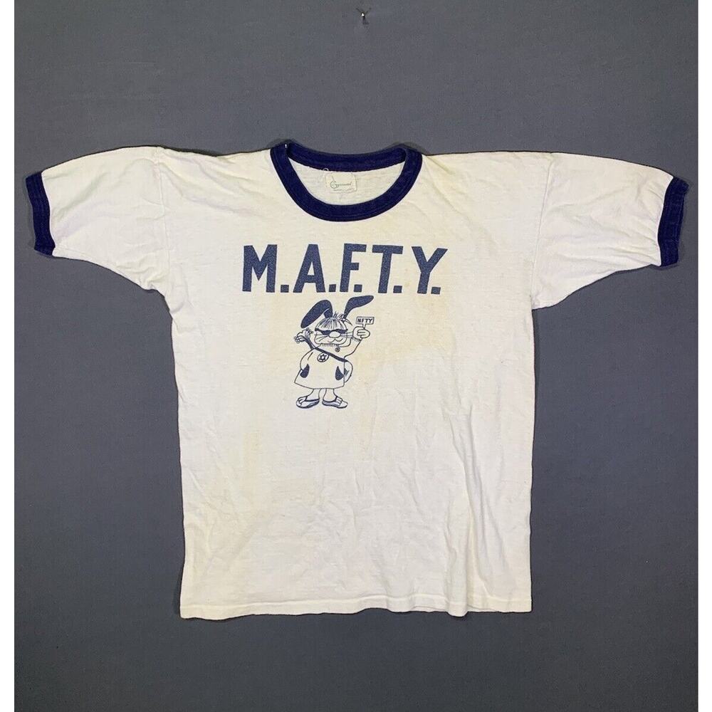 Vintage 1950s Ringer T-Shirt M.A.F.T.Y. Church Group Graphic Tee Religious Med